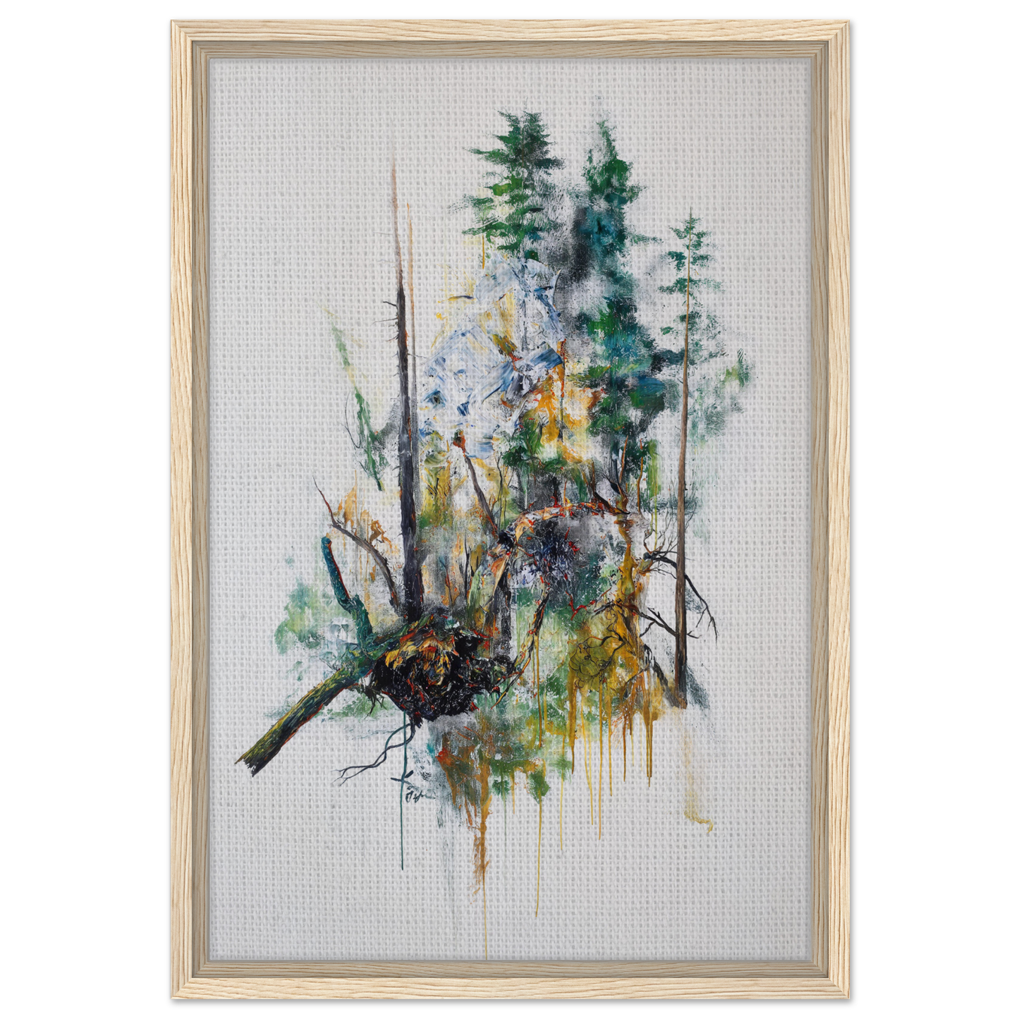 Framed watercolor painting of an abstract forest for Ecstasy’s Timeless Boughs room decor