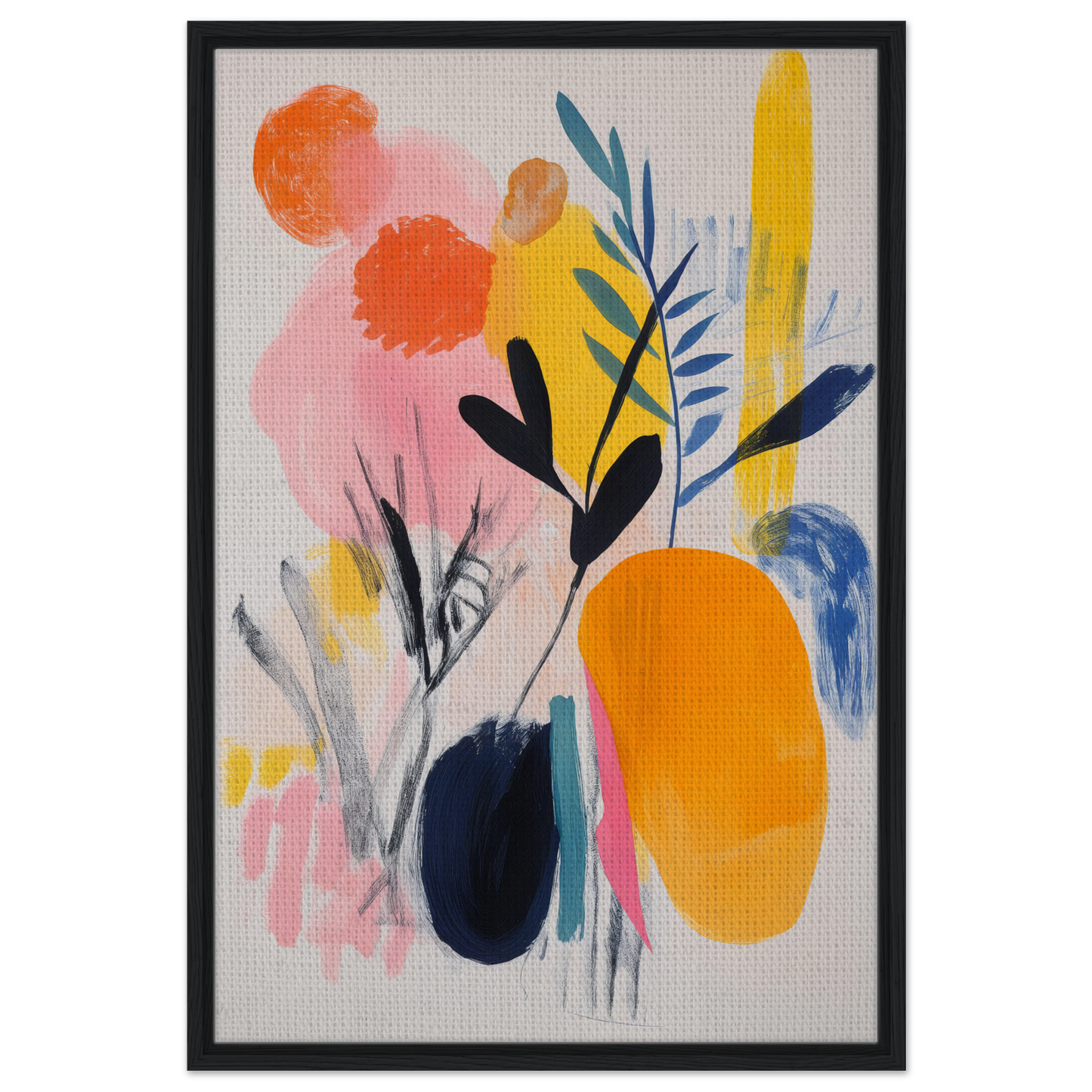 Abstract painting of colorful shapes and botanicals in Ecstatic Foliage Revelations framed canvas art