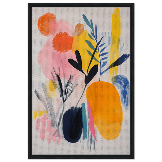 Abstract painting of colorful shapes and botanicals in Ecstatic Foliage Revelations framed canvas art