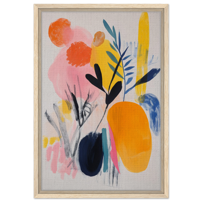 Abstract painting of colorful organic shapes in a light wooden frame for Ecstatic Foliage Revelations