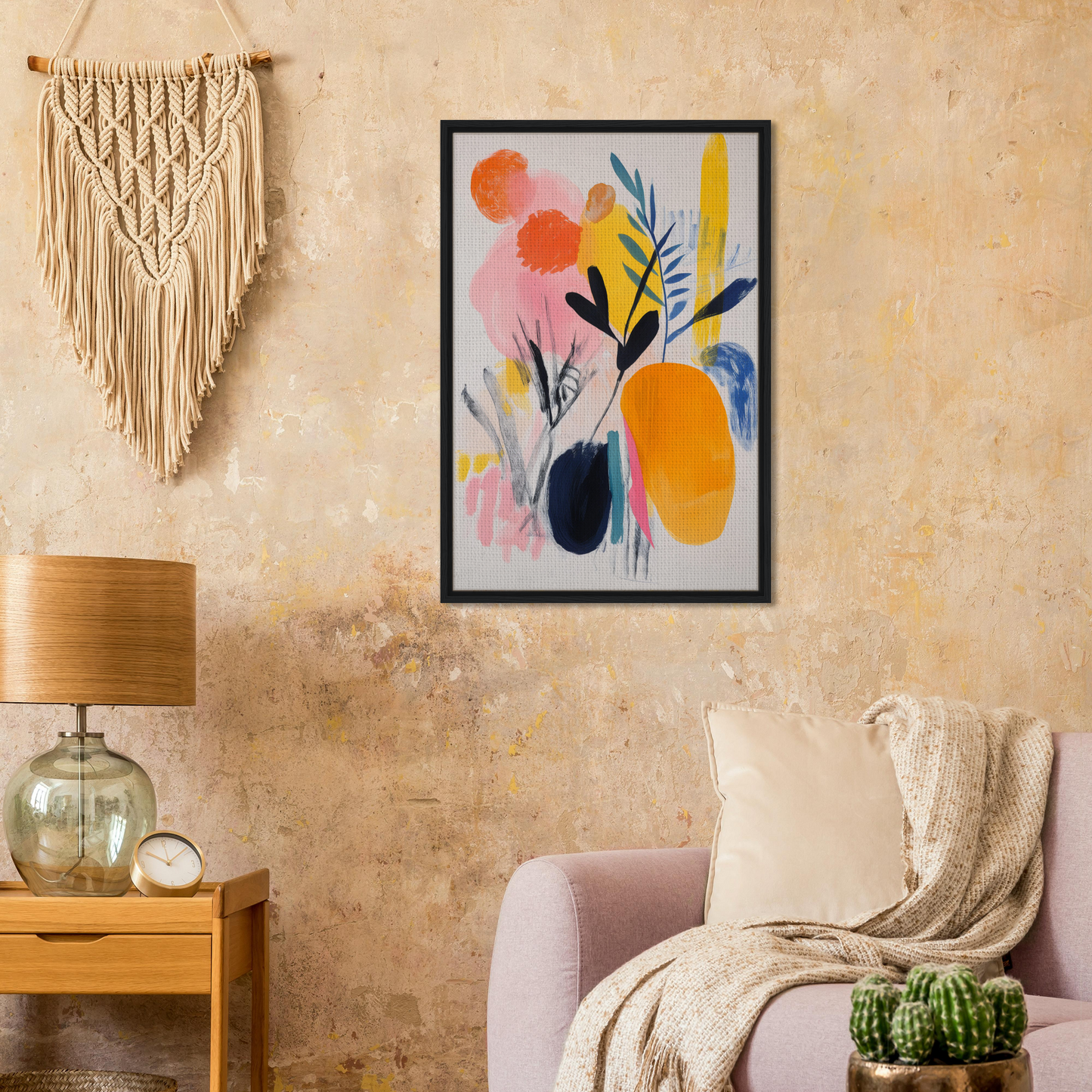 Colorful abstract painting with organic shapes in a black frame, Ecstatic Foliage Revelations