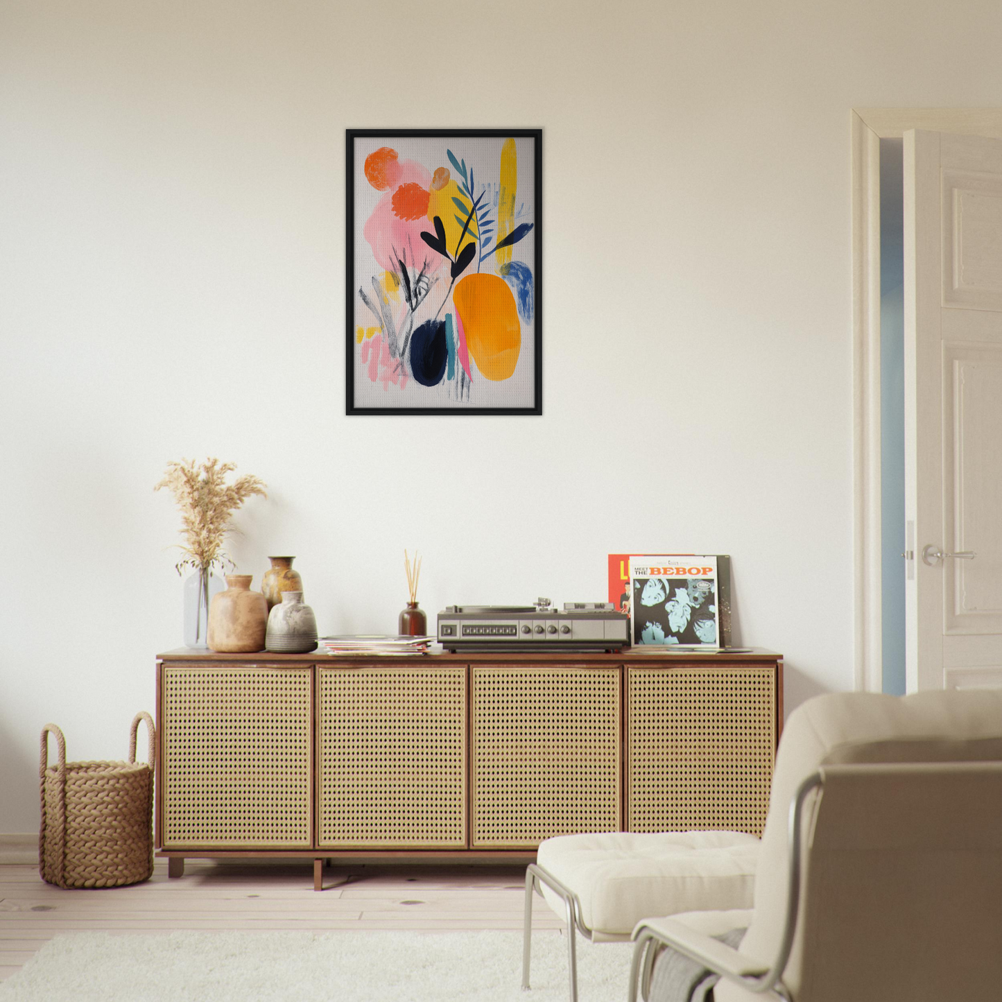 Wooden sideboard with cane-webbed doors adorned with decorative items for Ecstatic Foliage Revelations