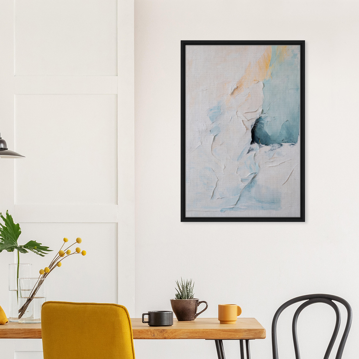 Abstract painting in a black frame featuring soft pastel colors, Ecstatic Horizon Whispers