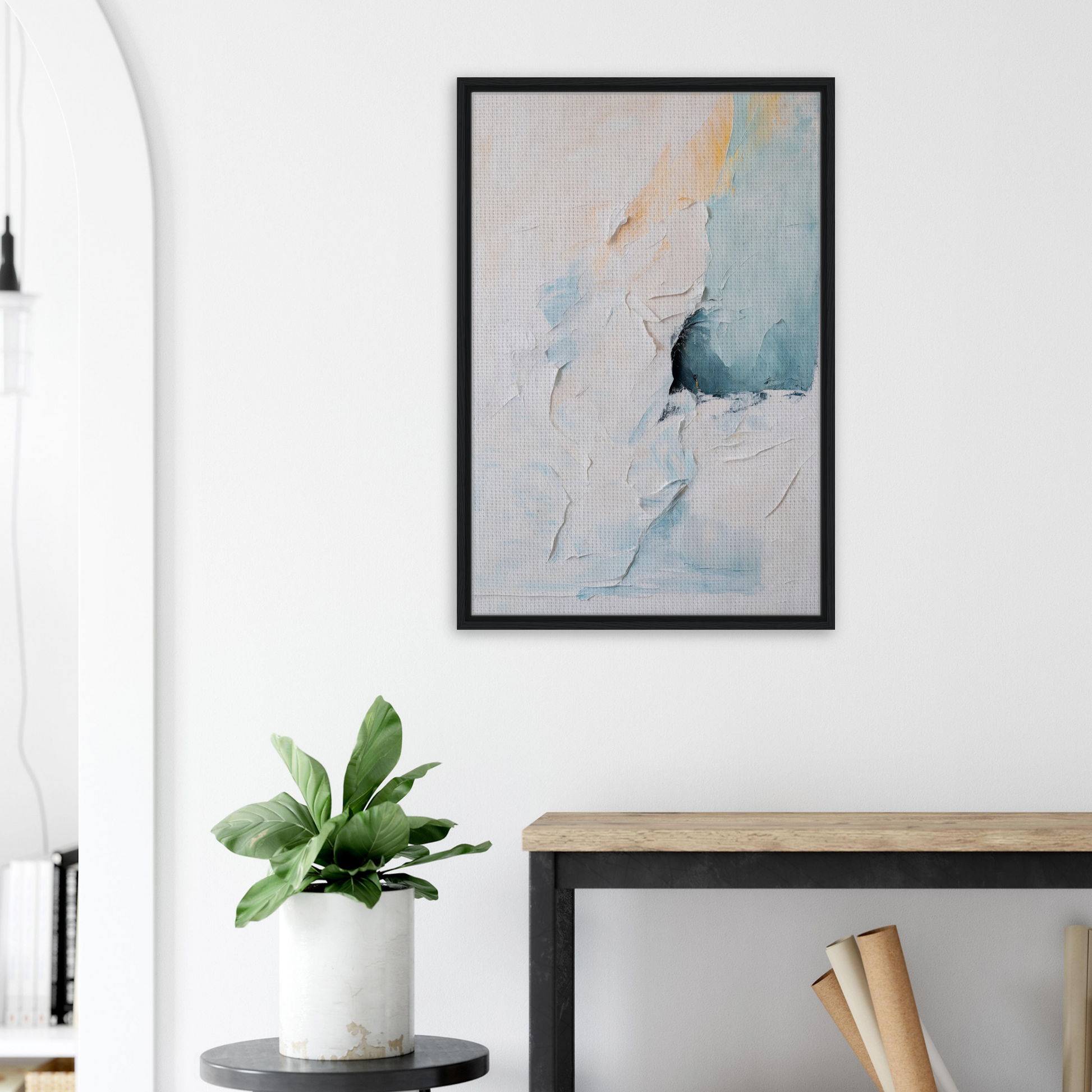 Abstract painting in soft blue and white tones of Ecstatic Horizon Whispers framed canvas print