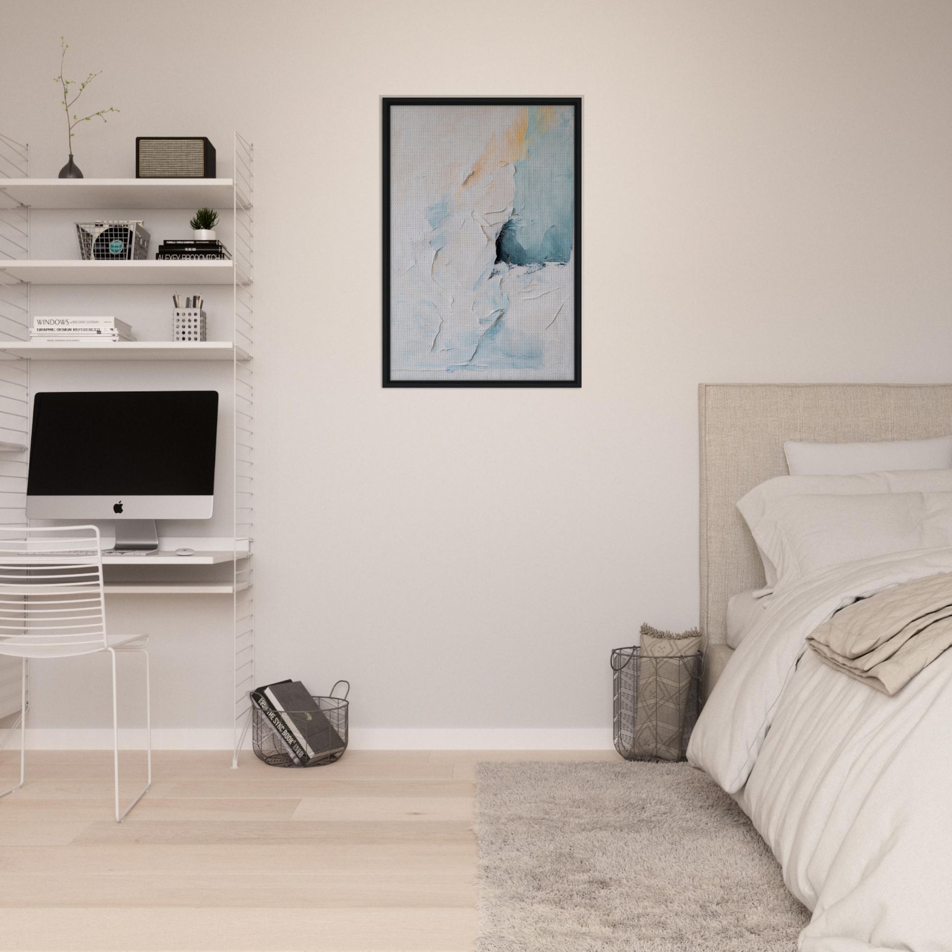 Minimalist bedroom featuring Ecstatic Horizon Whispers framed canvas print and white walls