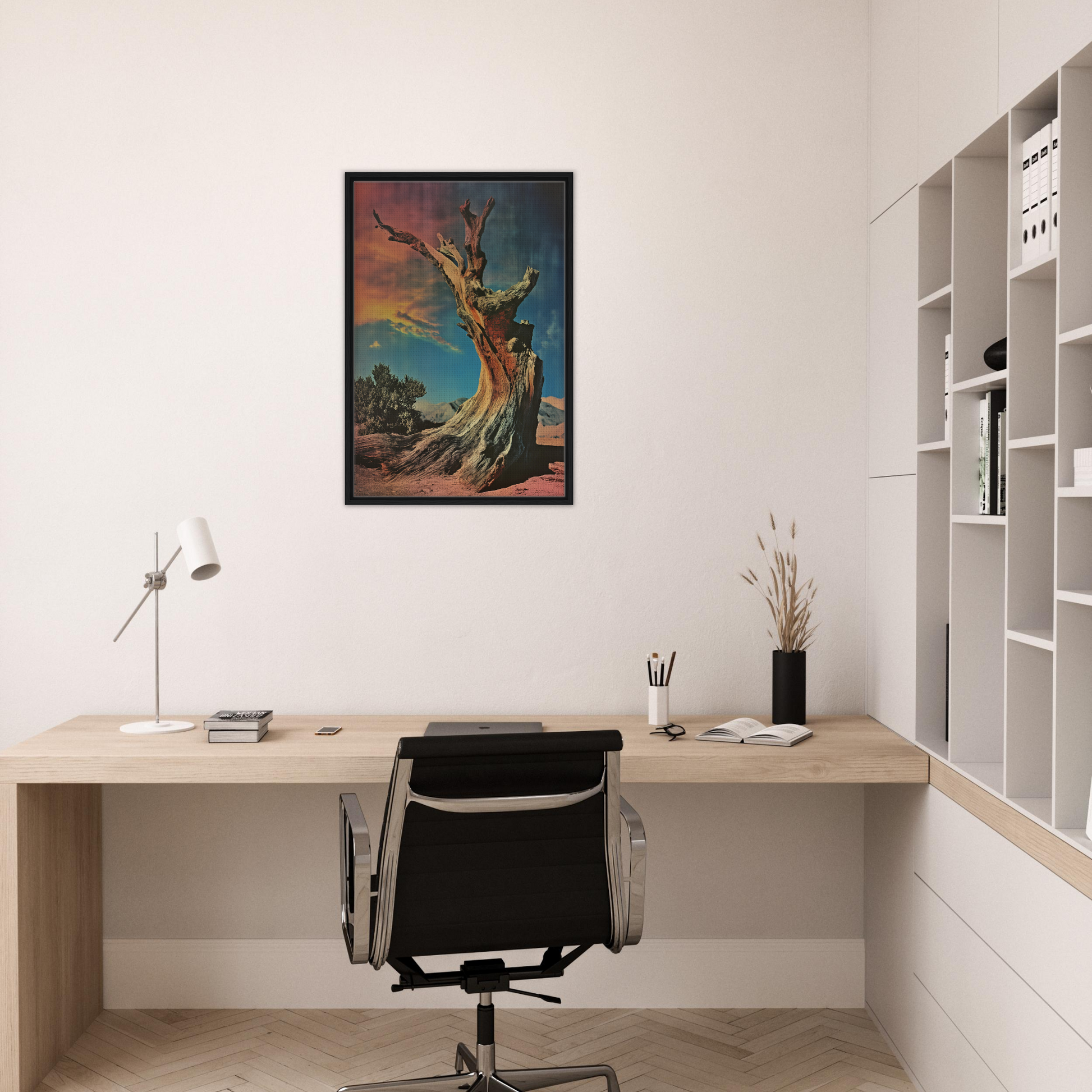 Minimalist home office with Ecstatic Tree Reverie artwork enhancing stylish room decor