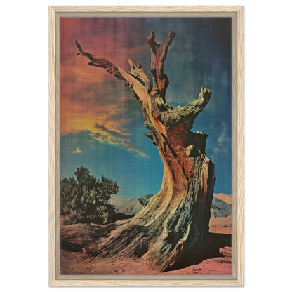 Gnarled dead tree with bare branches under colorful sky in Ecstatic Tree Reverie framed canvas print