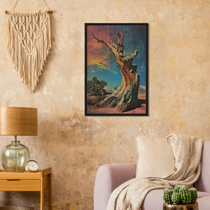 Framed Ecstatic Tree Reverie painting of a gnarled tree against a colorful sky for room decor