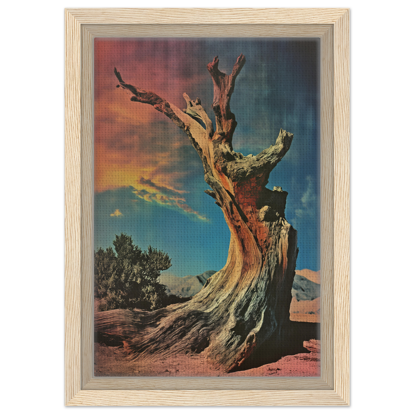 Gnarled dead tree silhouette against a vibrant sky in Ecstatic Tree Reverie room decor