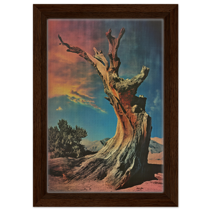 Gnarled dead tree trunk with bare branches under colorful sky in Ecstatic Tree Reverie canvas print