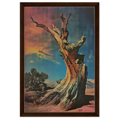 Gnarled dead tree trunk against a colorful sky in Ecstatic Tree Reverie canvas print