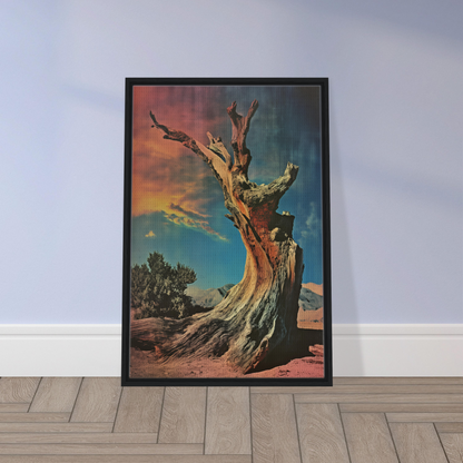 Framed canvas print of Ecstatic Tree Reverie featuring a gnarled tree against a colorful sky