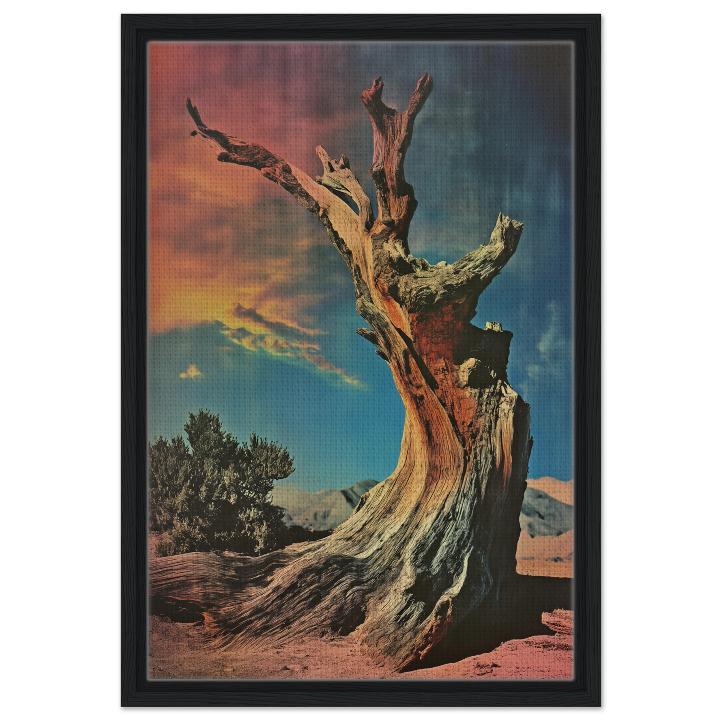 Gnarled dead tree against a colorful sky in Ecstatic Tree Reverie room decor