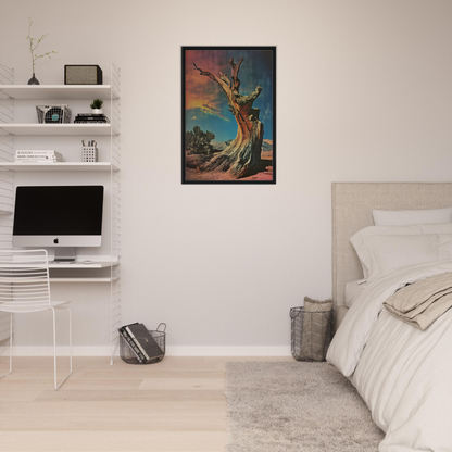 Framed painting of a gnarled tree against a colorful sky, Ecstatic Tree Reverie for room decor