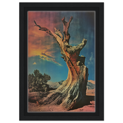 Gnarled dead tree trunk against a colorful sky in Ecstatic Tree Reverie framed canvas print