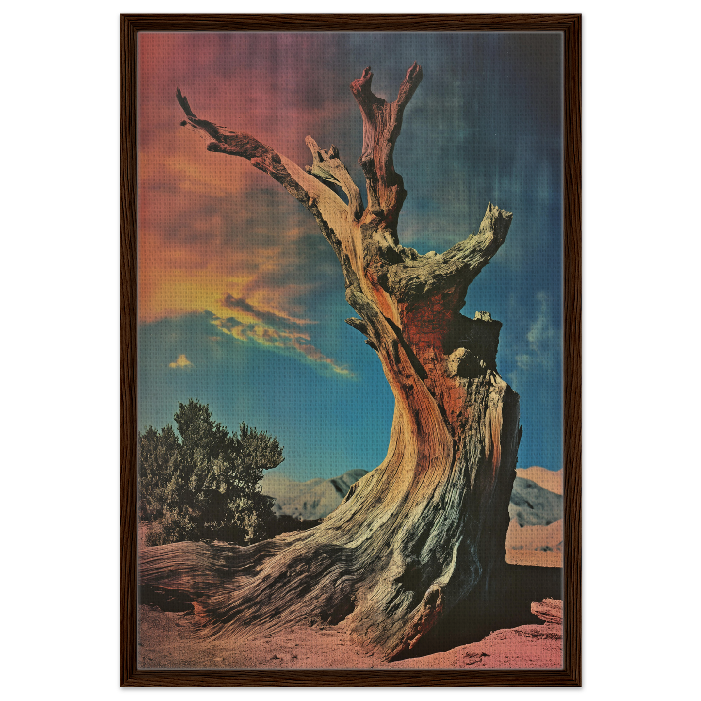 Gnarled dead tree with bare branches against a colorful sky, Ecstatic Tree Reverie design