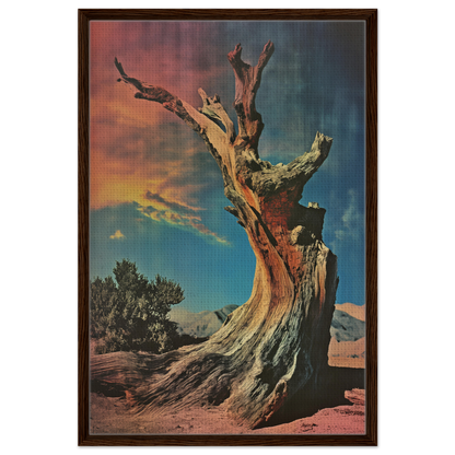 Gnarled dead tree with bare branches against a colorful sky, Ecstatic Tree Reverie design