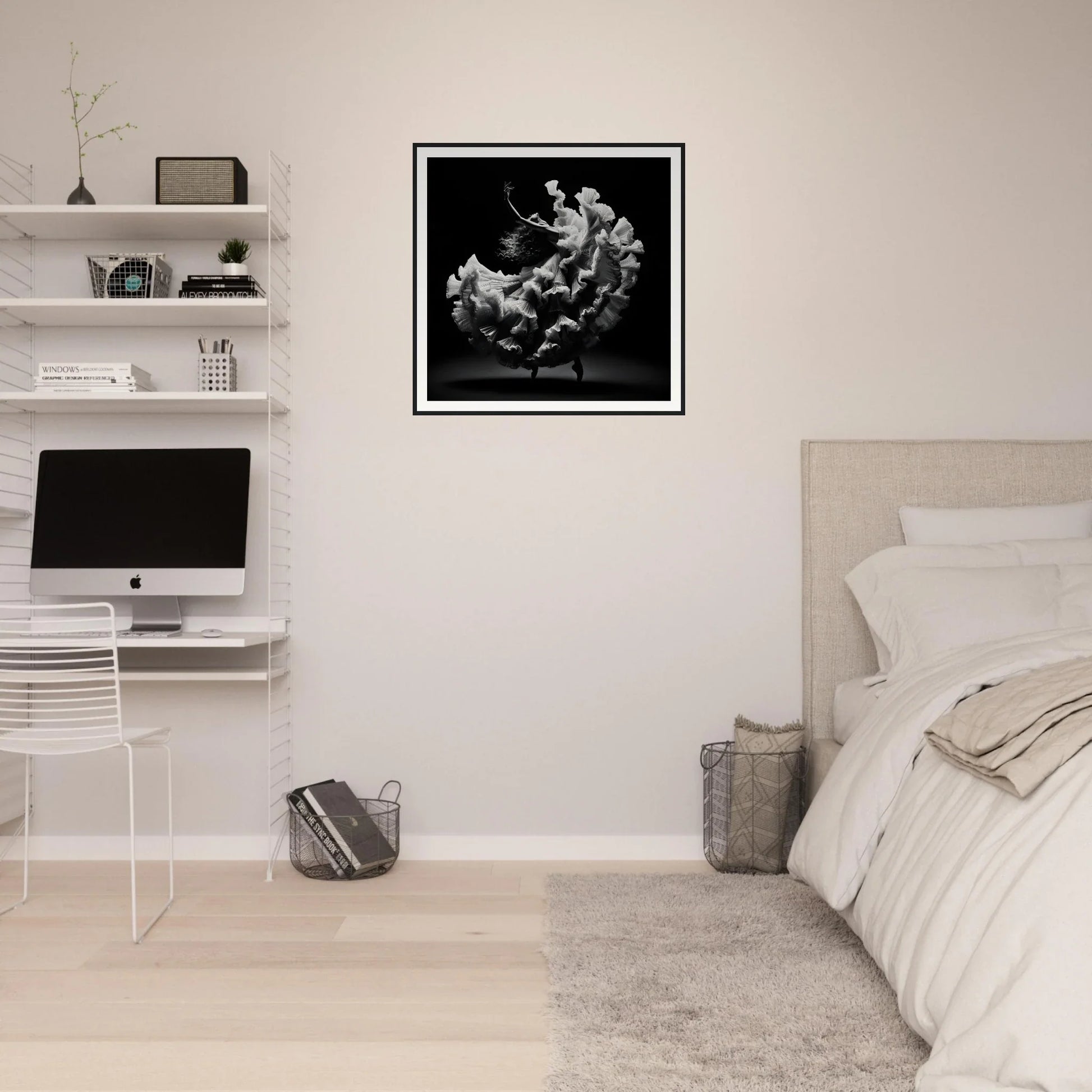 Minimalist bedroom with Ecstatic Twirl Shadows framed poster and floating shelves