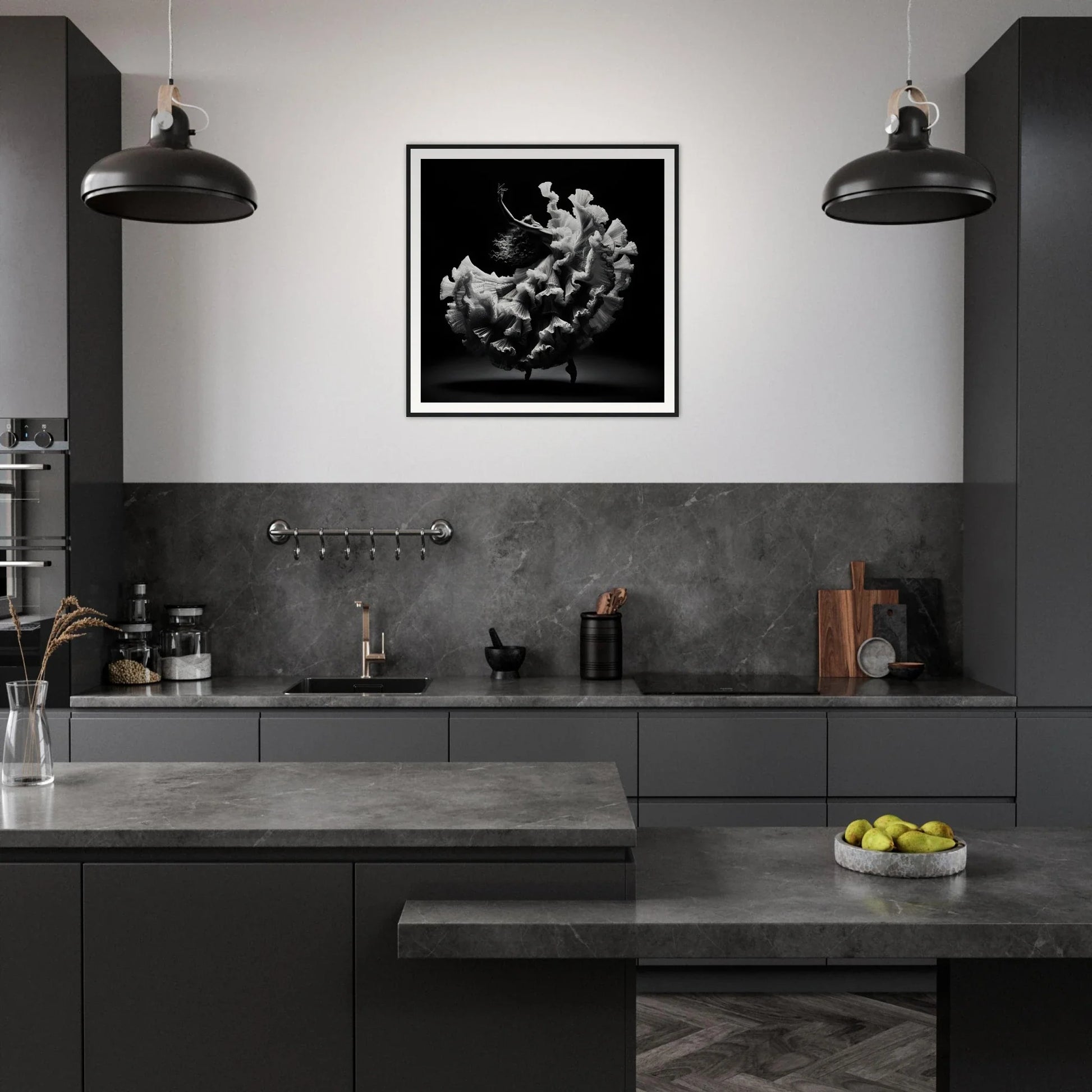 Modern dark gray kitchen with Ecstatic Twirl Shadows framed posters and cool pendant lights