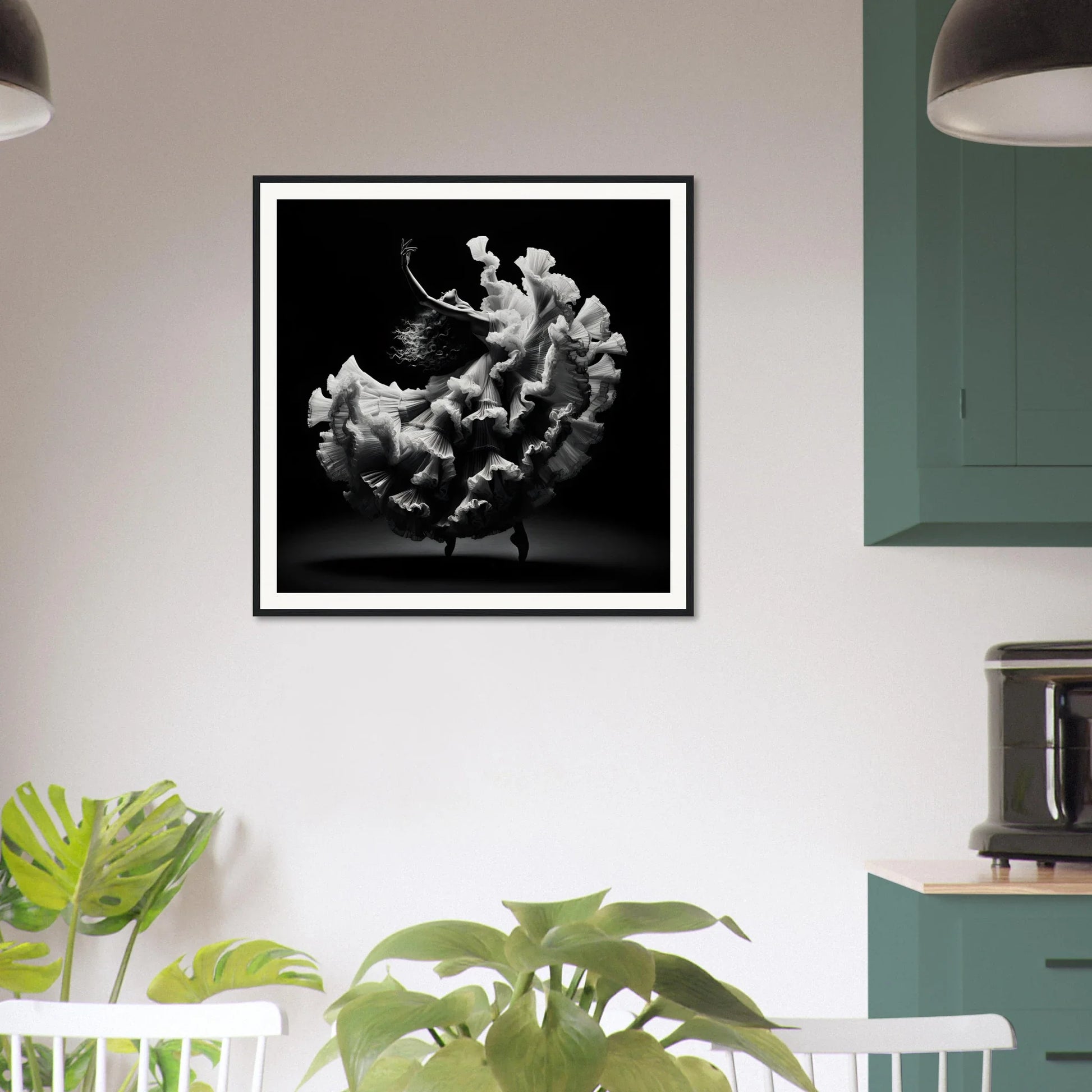 Black and white framed photograph of dancers in motion for Ecstatic Twirl Shadows art