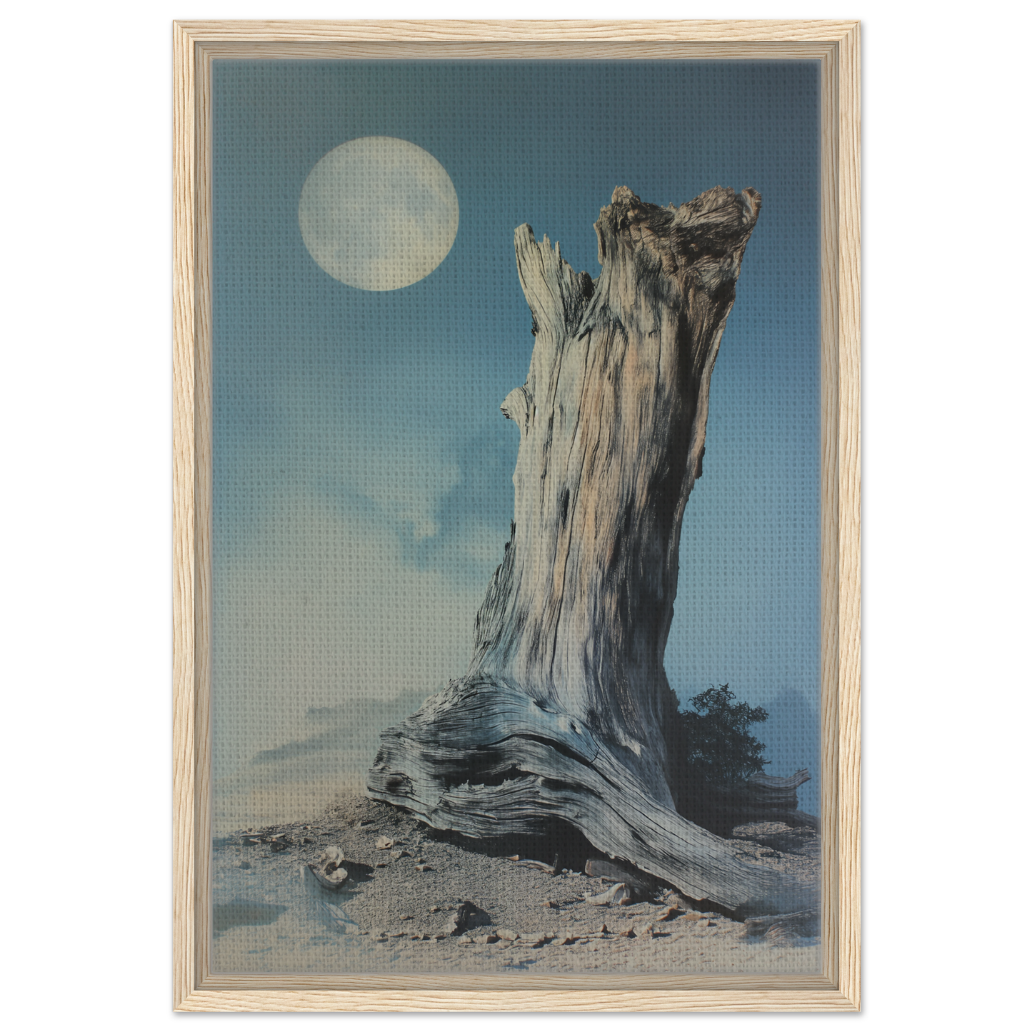 Weathered tree stump under a full moon for Ecstatic Wilderness Dreams framed canvas print