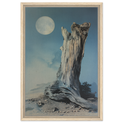 Weathered tree stump under a full moon for Ecstatic Wilderness Dreams framed canvas print