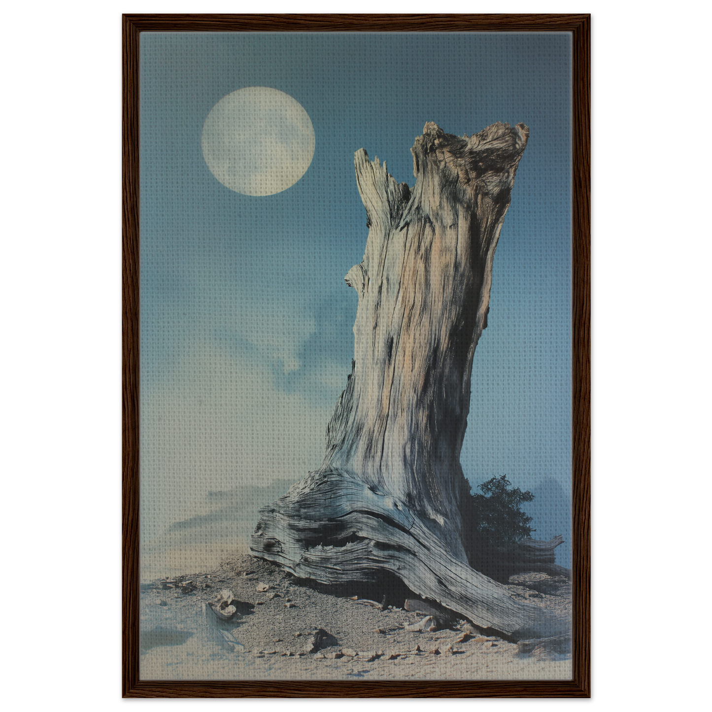 Weathered tree stump under full moon in Ecstatic Wilderness Dreams framed canvas print