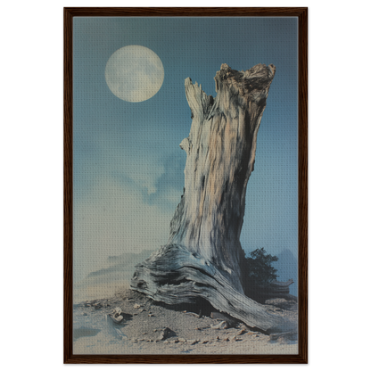 Weathered tree stump under full moon in Ecstatic Wilderness Dreams framed canvas print