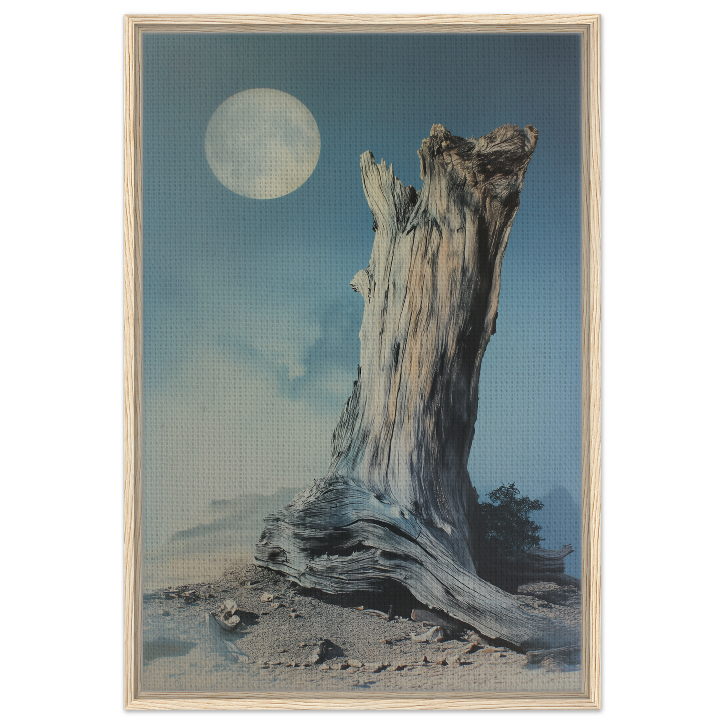 Weathered tree stump under full moon in Ecstatic Wilderness Dreams framed canvas print