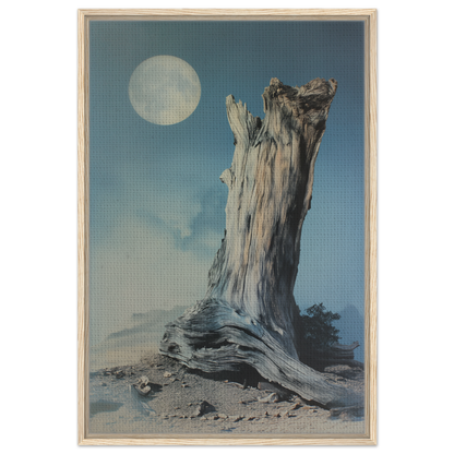 Weathered tree stump under full moon in Ecstatic Wilderness Dreams framed canvas print