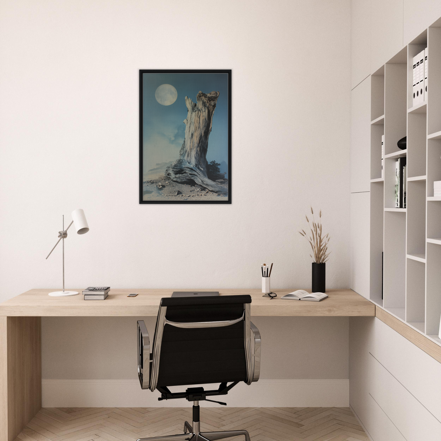 Minimalist home office workspace featuring Ecstatic Wilderness Dreams framed canvas print