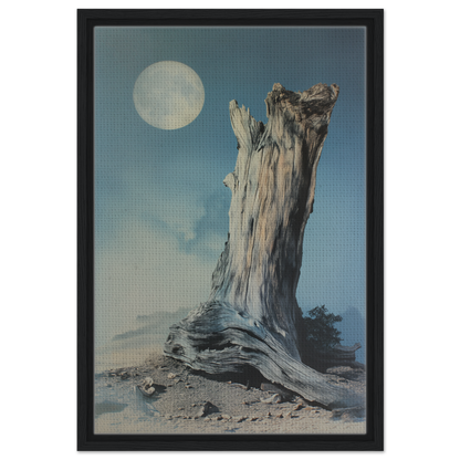 Weathered tree stump under a full moon in Ecstatic Wilderness Dreams framed canvas print