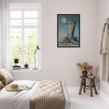 Serene bedroom with white decor and draped figure artwork from Ecstatic Wilderness Dreams