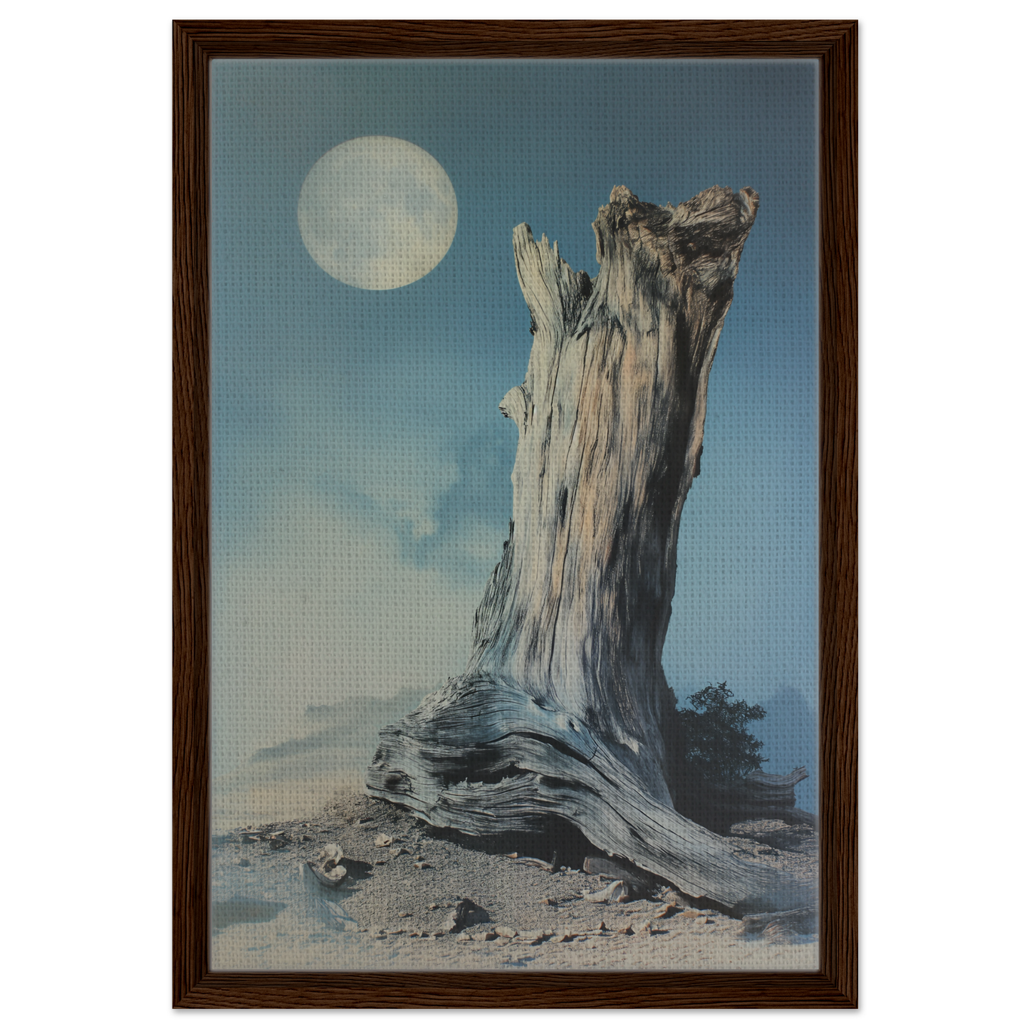 Weathered tree stump under full moon in Ecstatic Wilderness Dreams framed canvas print