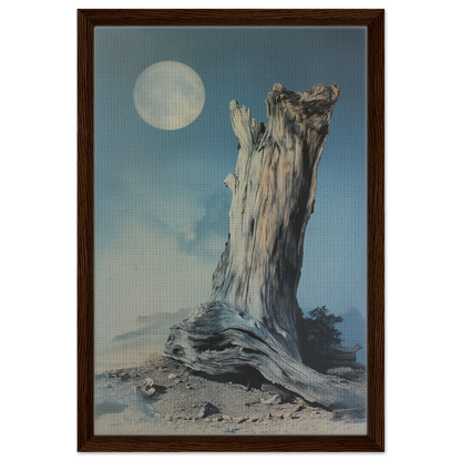 Weathered tree stump under full moon in Ecstatic Wilderness Dreams framed canvas print