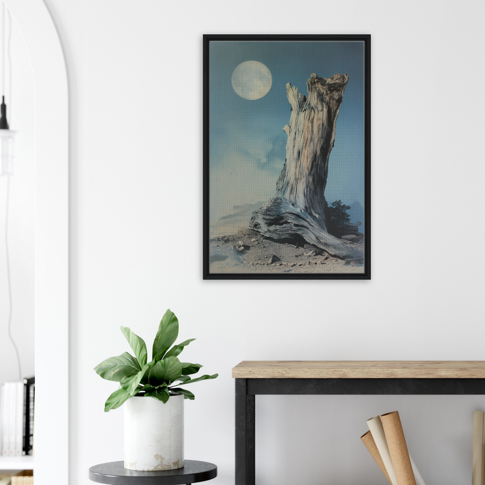 Framed artwork of a tree stump under a full moon for Ecstatic Wilderness Dreams room decor