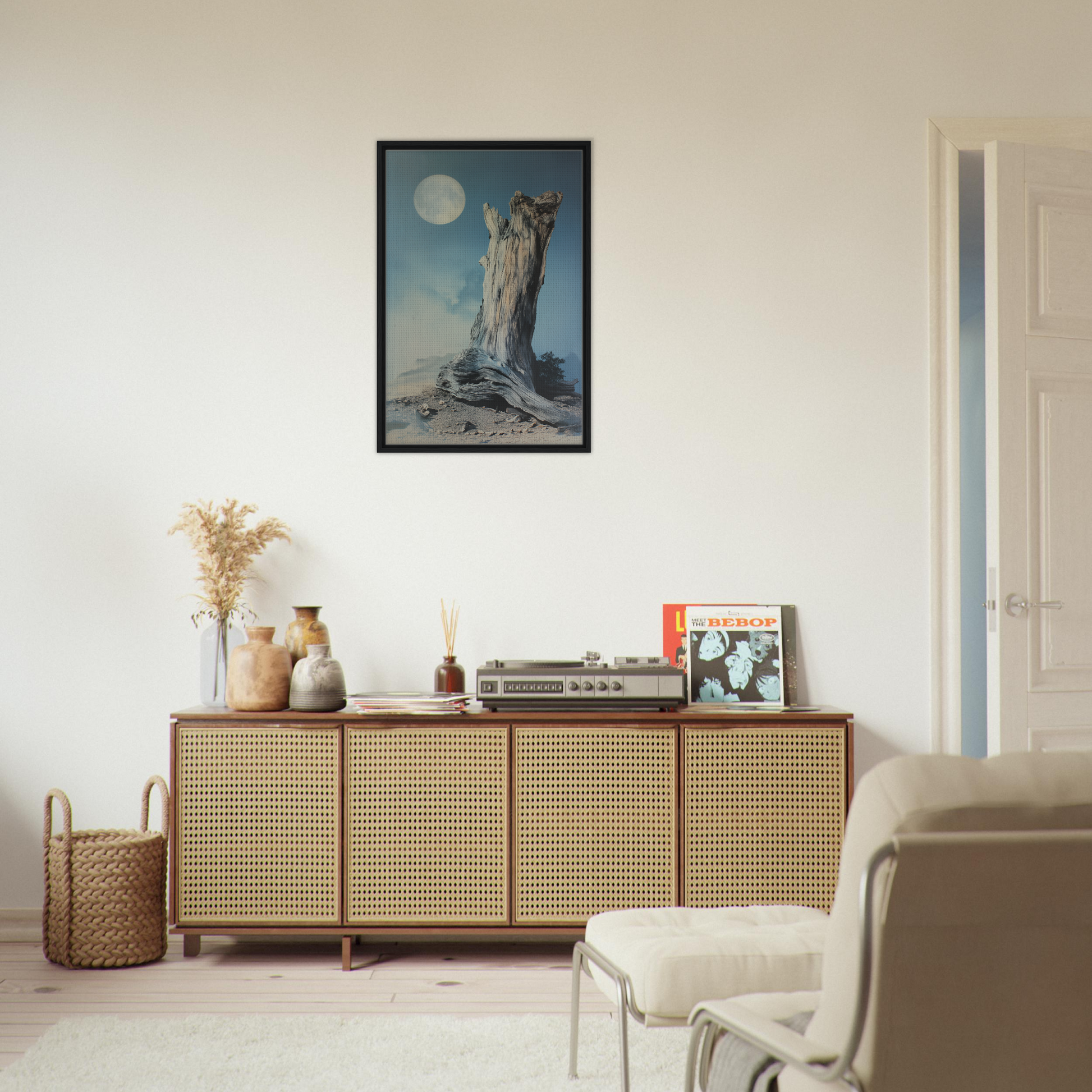 Wooden sideboard with cane-webbed doors, showcasing Ecstatic Wilderness Dreams decor