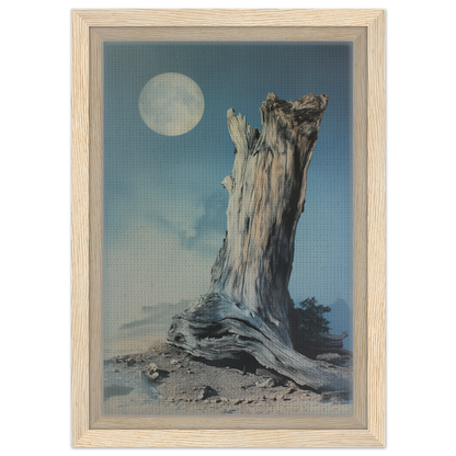 Weathered gnarled tree stump under a full moon in Ecstatic Wilderness Dreams framed canvas print