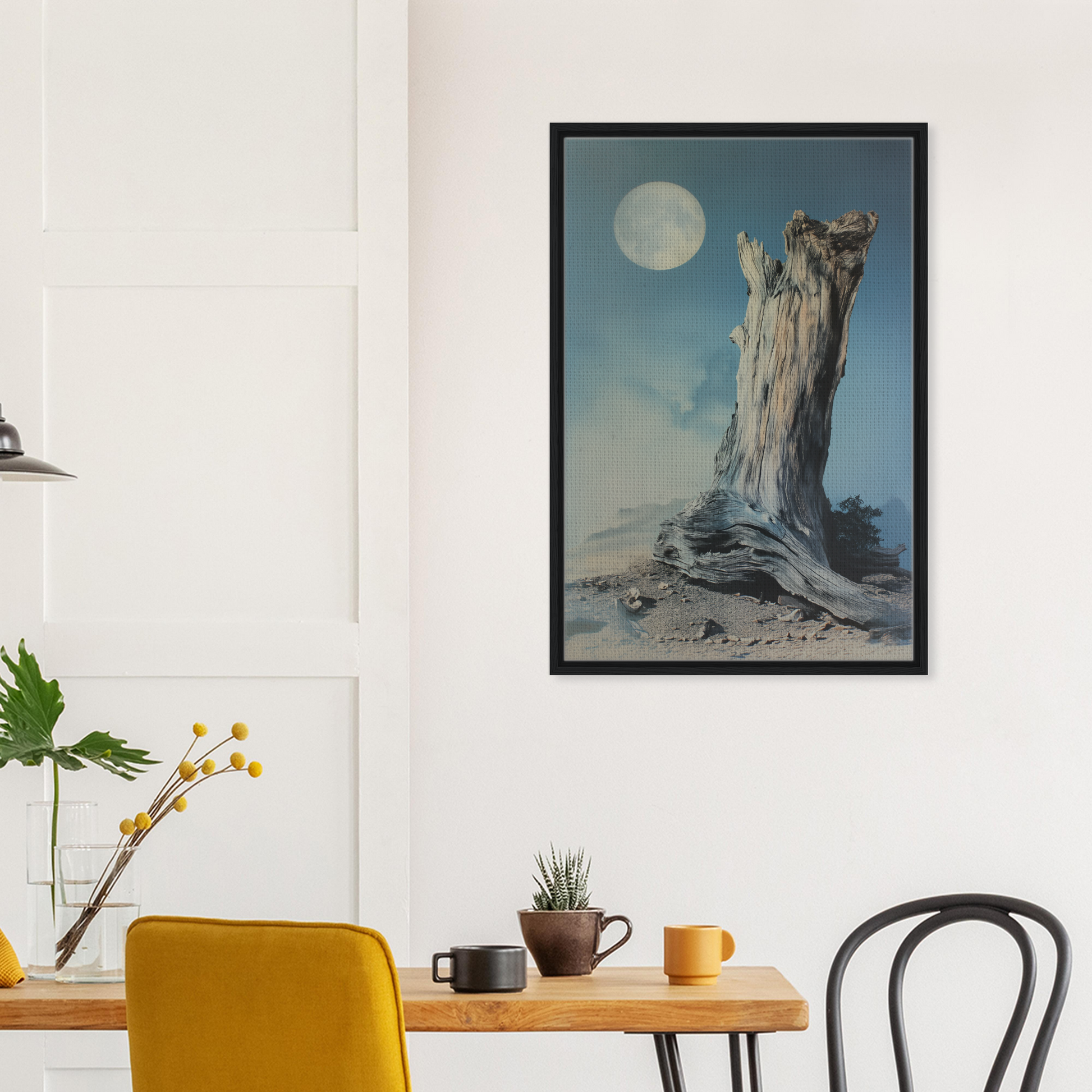 Framed painting of a weathered tree stump under a full moon for Ecstatic Wilderness Dreams room decor