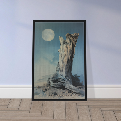 Framed canvas print of a weathered tree stump under a full moon, Ecstatic Wilderness Dreams