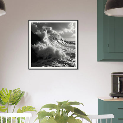 Black and white image of a powerful wave from Sublime Crest Odyssey framed wall art