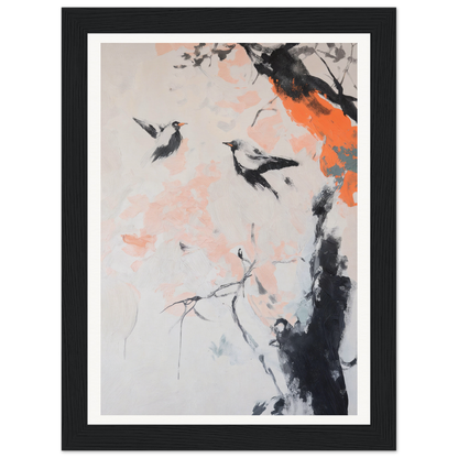 Framed wall art of two birds on a branch with abstract floral elements.