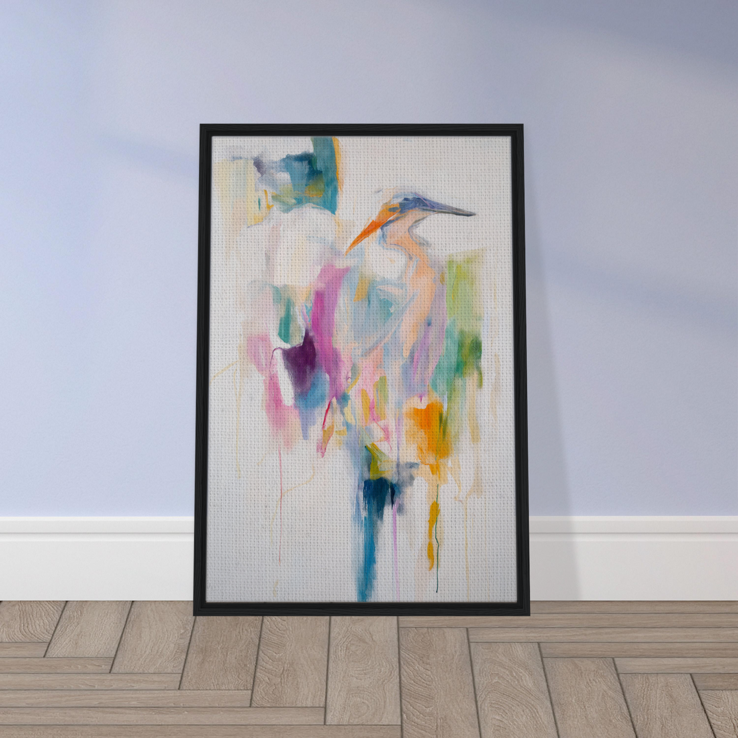 Abstract pastel bird-like figure in a black frame, perfect for Effervescent Avian Dreams