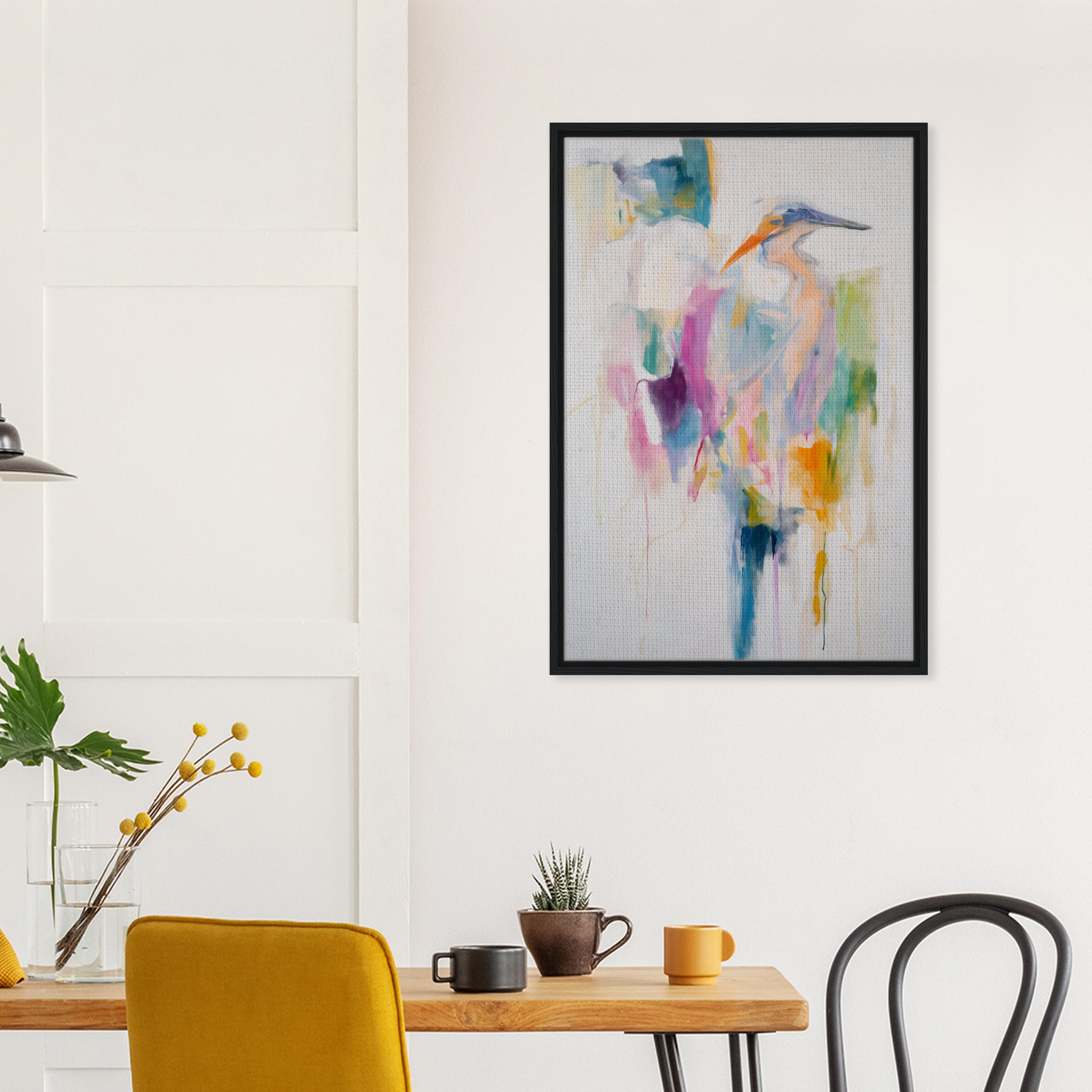 Abstract painting titled Effervescent Avian Dreams in vibrant hues, perfect for room decor