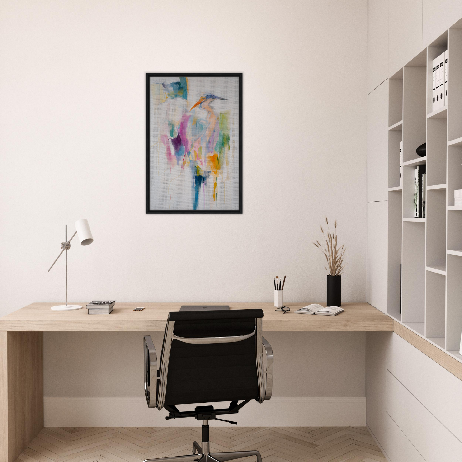 Minimalist home office featuring Effervescent Avian Dreams framed canvas print