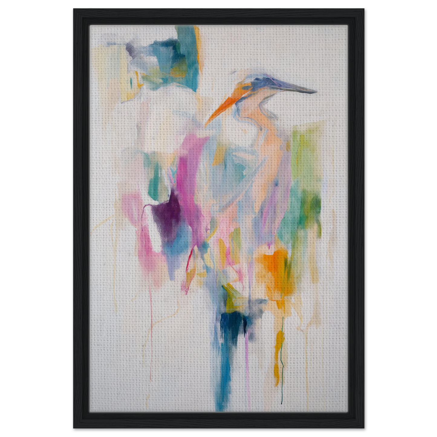 Abstract painting of a heron with vibrant colors in Framed Canvas Print Effervescent Avian Dreams