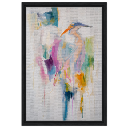 Abstract painting of a heron with vibrant colors in Framed Canvas Print Effervescent Avian Dreams