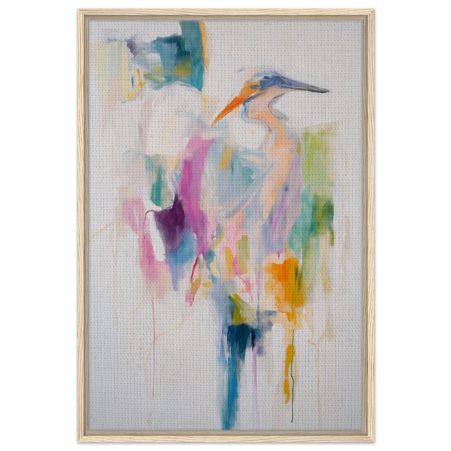 Abstract heron painting with pastel hues in Effervescent Avian Dreams framed canvas print