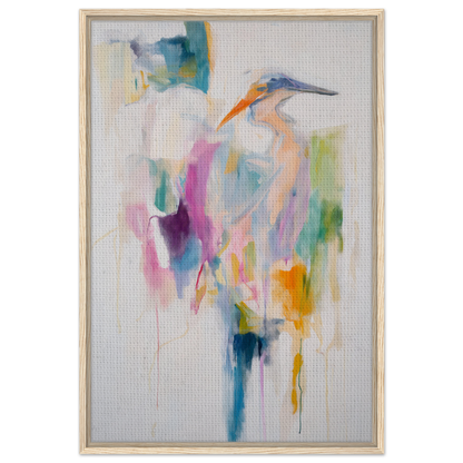 Abstract heron painting with pastel hues in Effervescent Avian Dreams framed canvas print