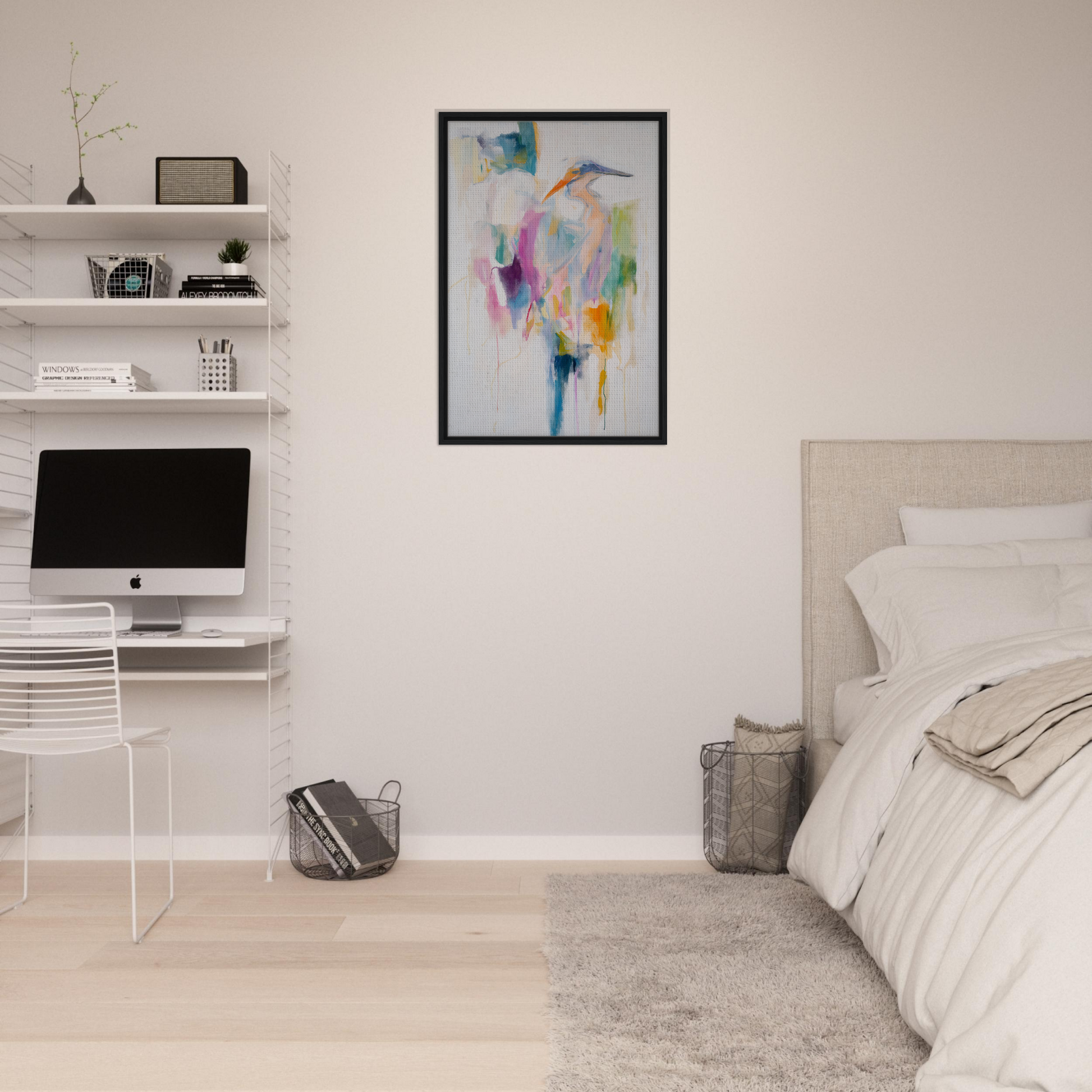 Colorful abstract painting in black frame for Effervescent Avian Dreams room decor